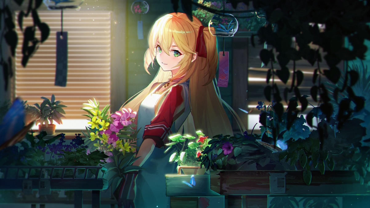 Blonde girl, flowers, 4k anime wallpaper