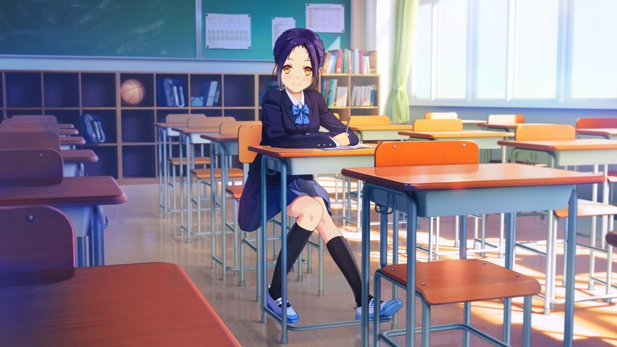 Classroom girl smiling 4k anime wallpaper