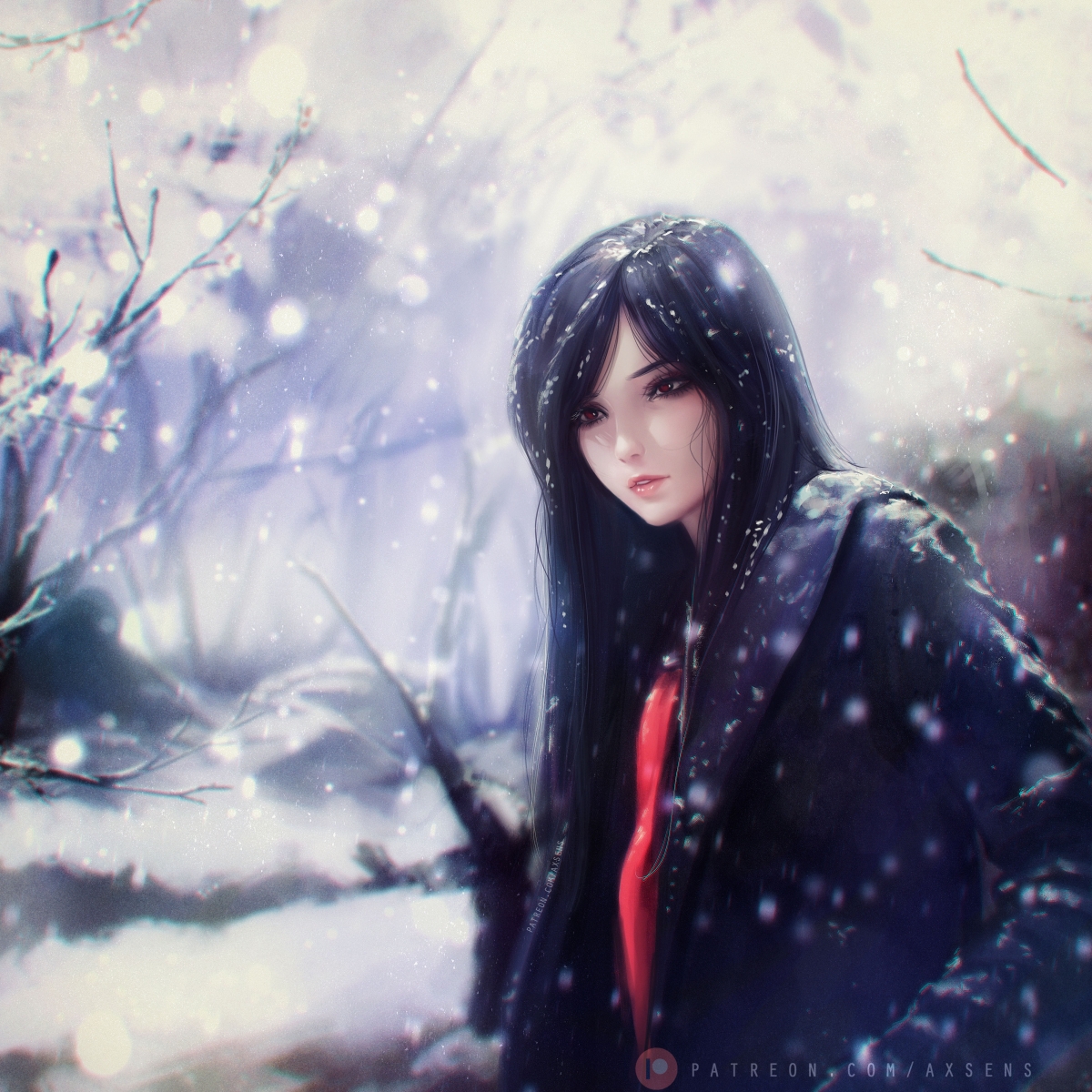 Snowfall long hair girl beautiful 4k motion