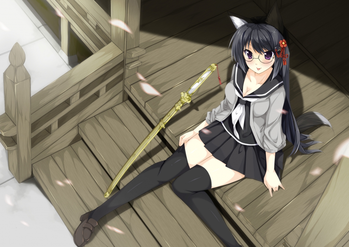 Sword glasses schoolgirl porch 4K