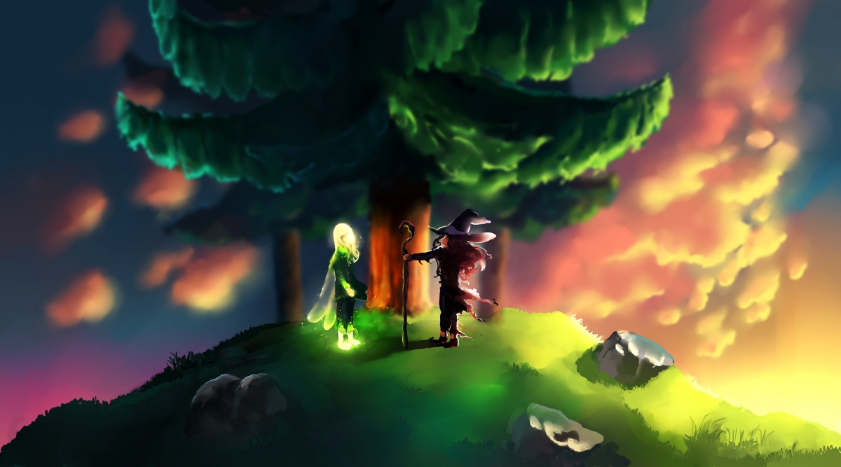 Meeting place at the top of the forest at night