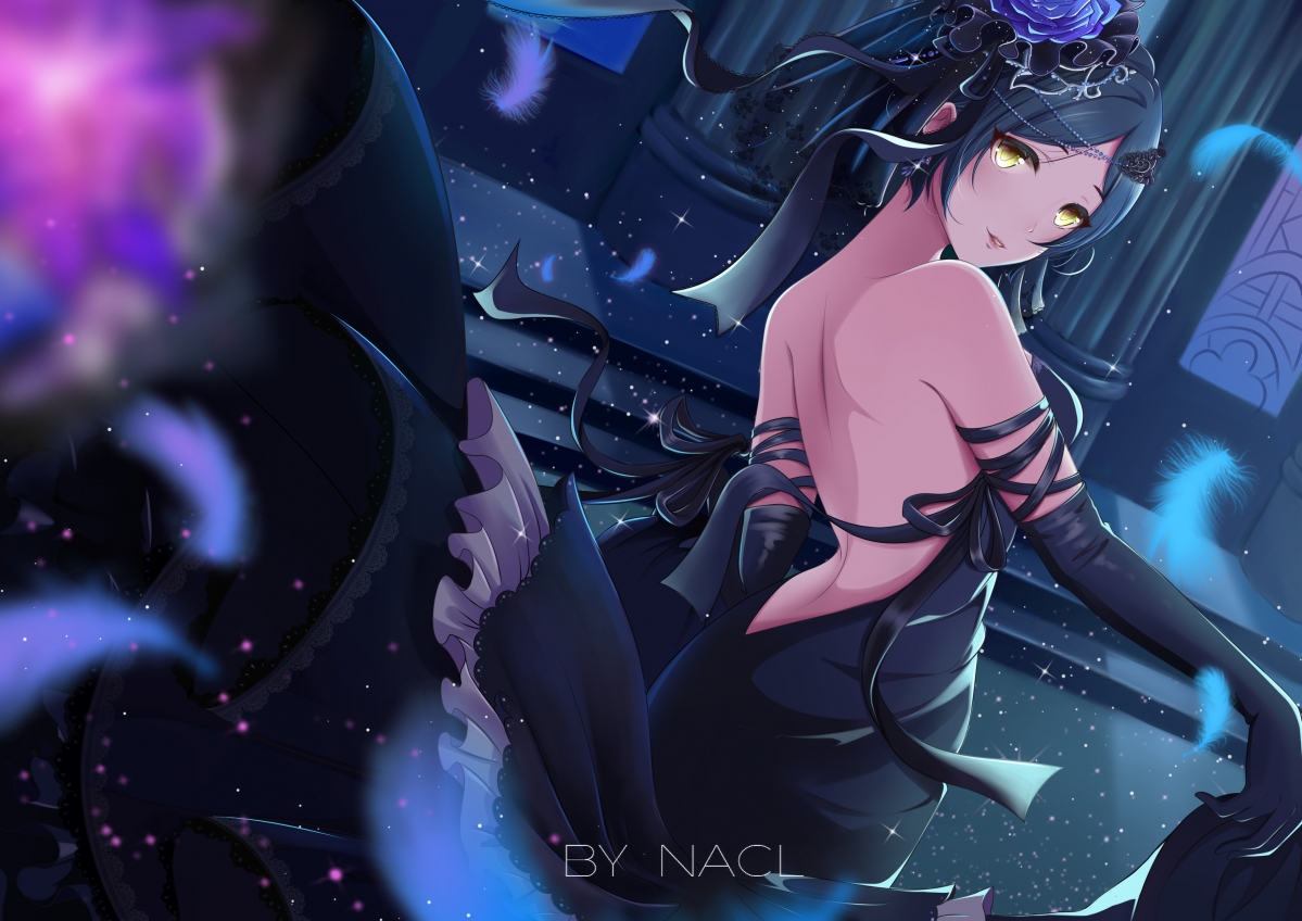 Yellow eyes, short hairstyle, halter skirt