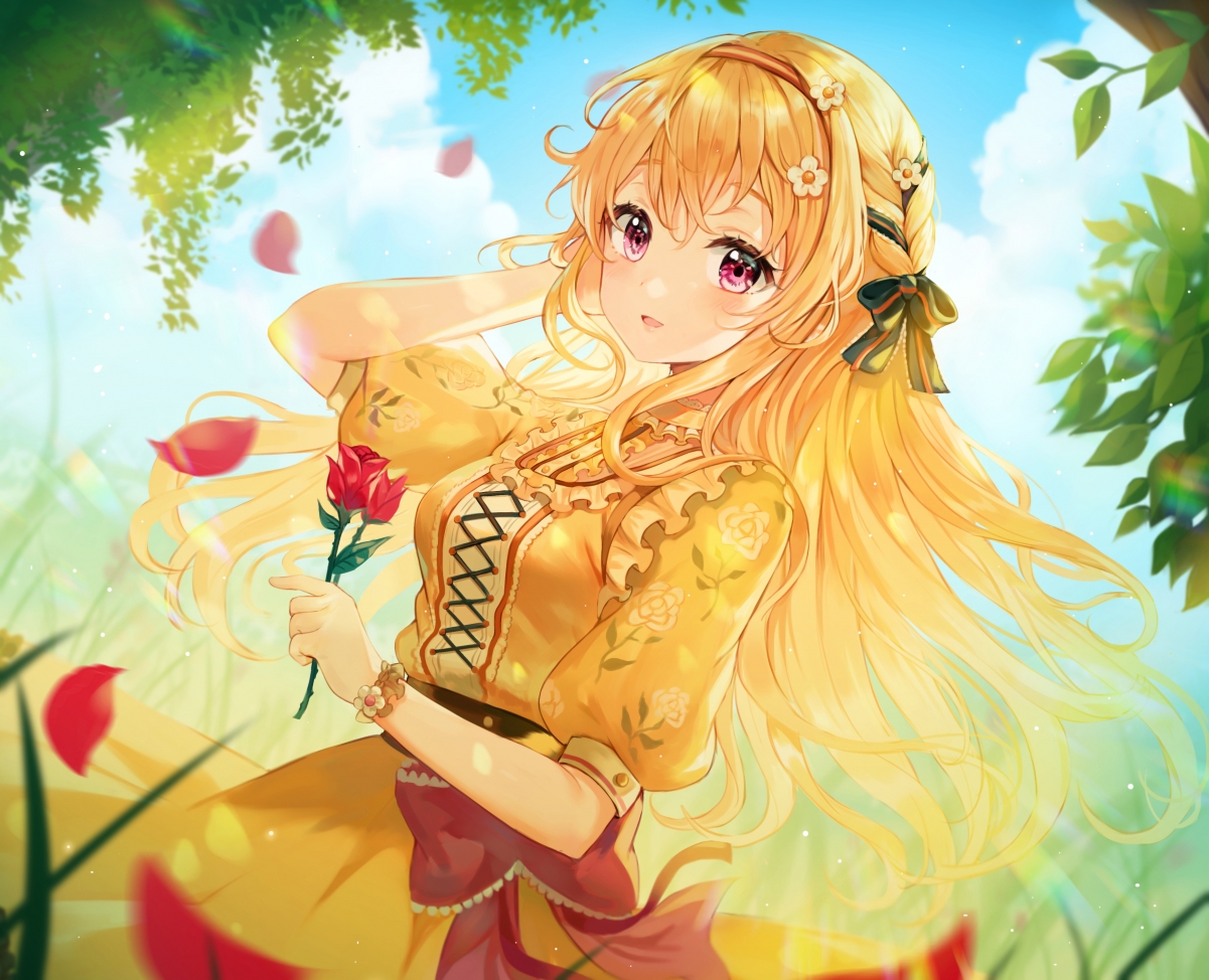 Yellow hair skirt girl rose flower