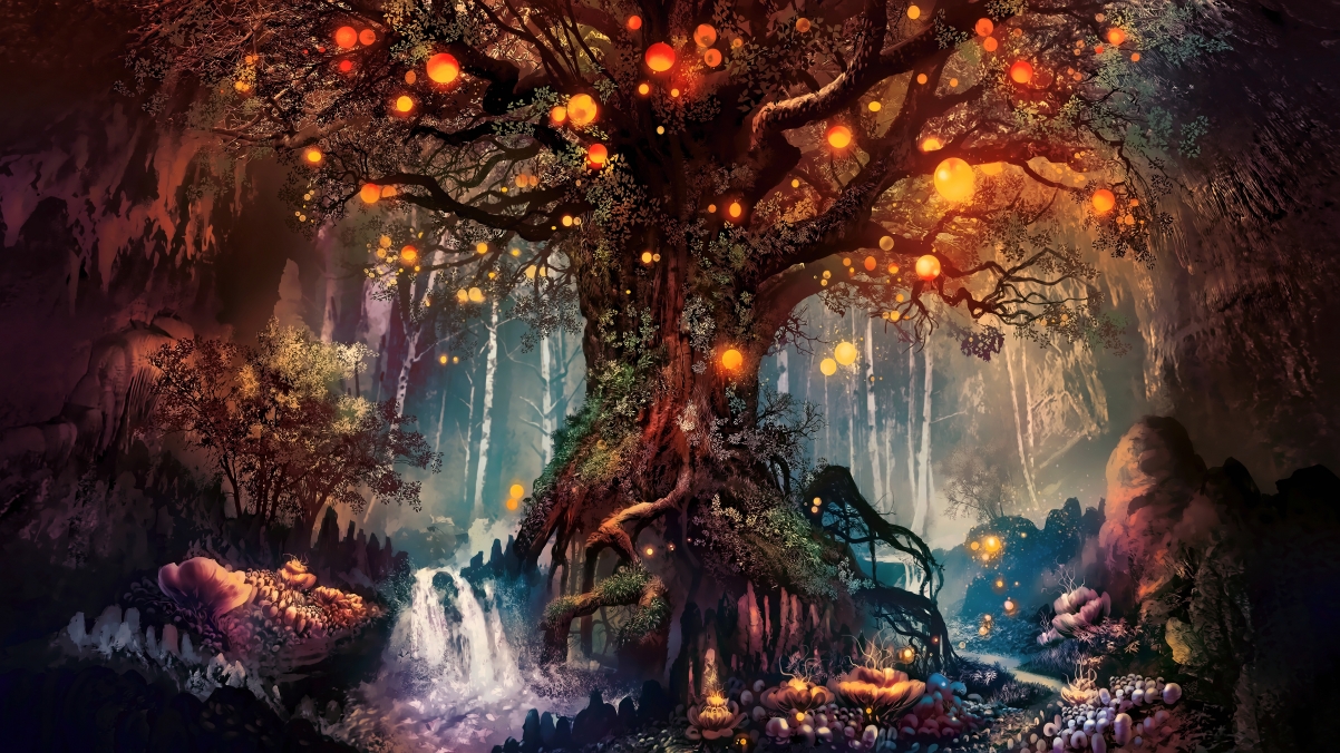 Fantasy art, tree, lights, nature, only