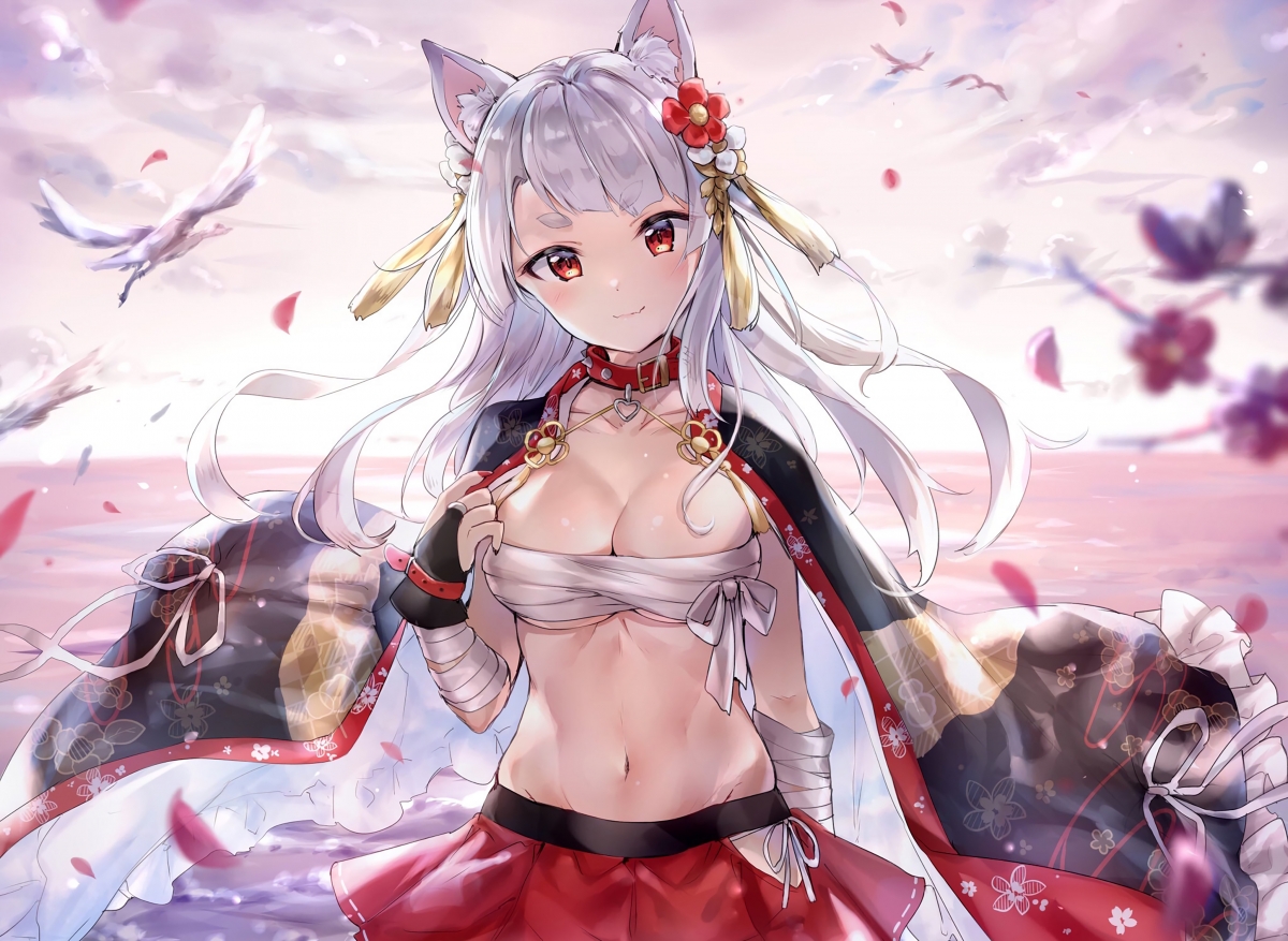 Petals white hair red eyes girl 4k wall