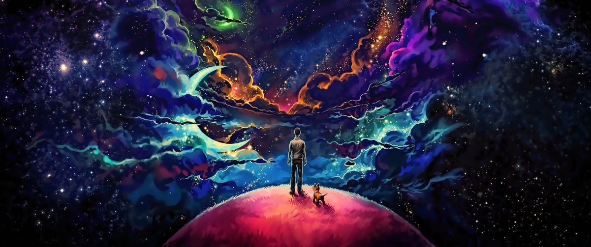 Dark starry sky man dog fantasy art