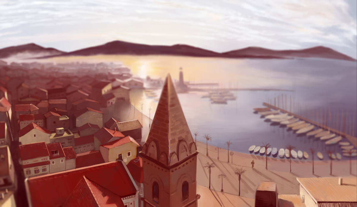 Seaside bell tower house landscape 4k illustration