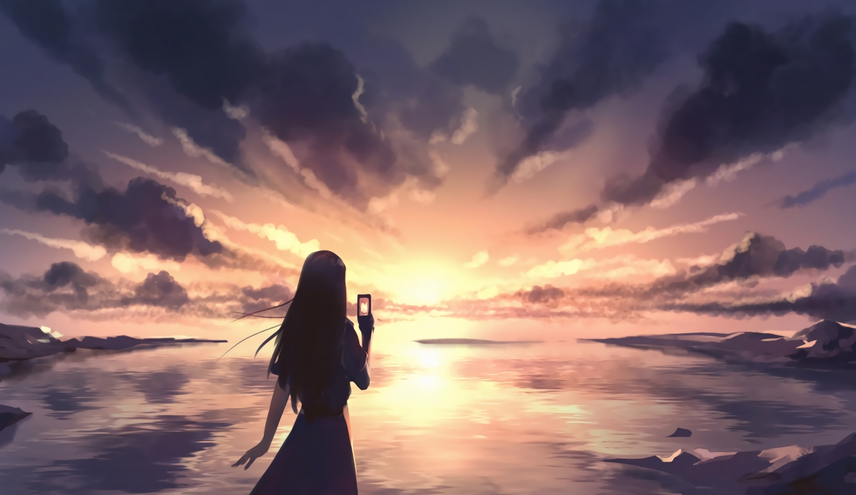 Girl on the beach evening selfie 4k anime