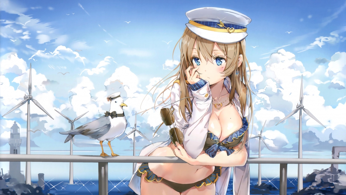Seaside navy hat anime girls 4K wall