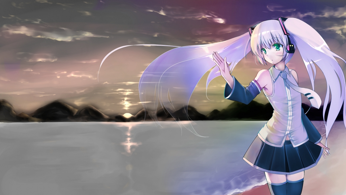 VOCALOID girl by the sea at sunset