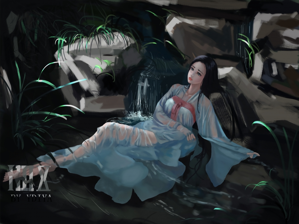 Princess hanfu bathing beautiful illustration