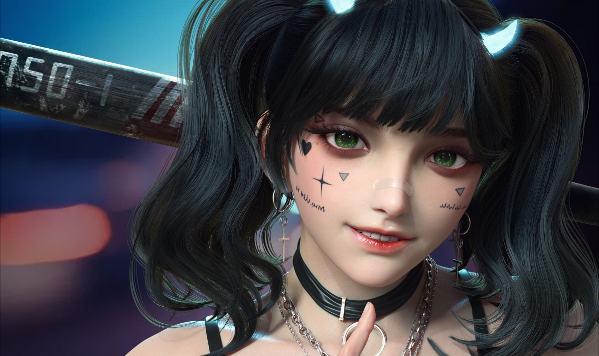 Personality girl with green eyes and double horses