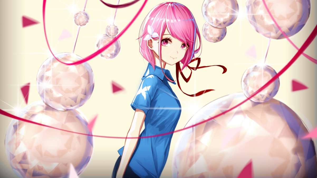 Anime girl with pink hair and blue shirt