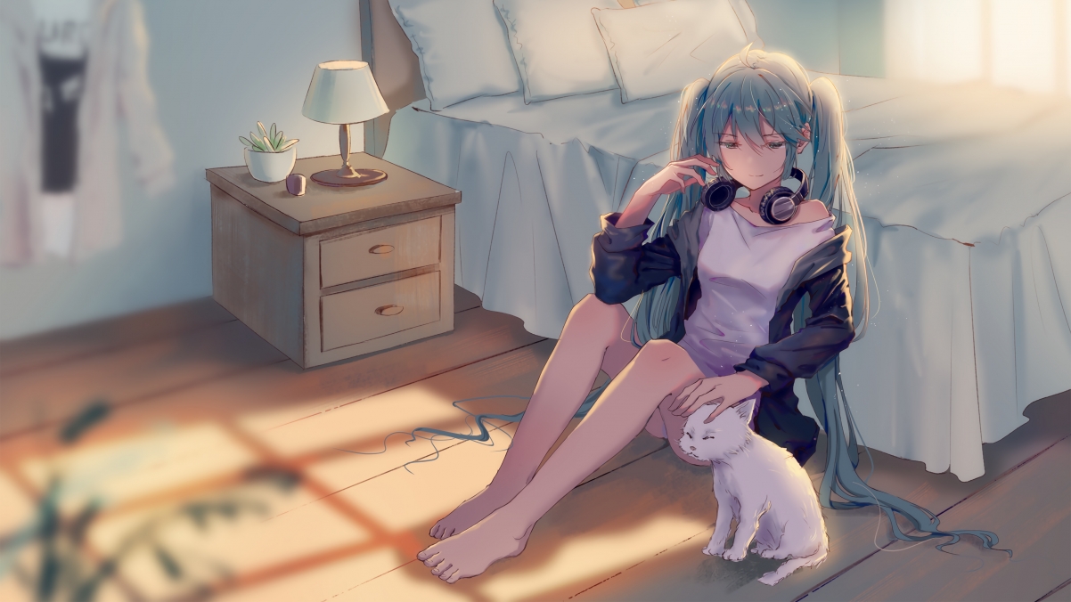 Room, girl, cat, 4k anime wallpaper