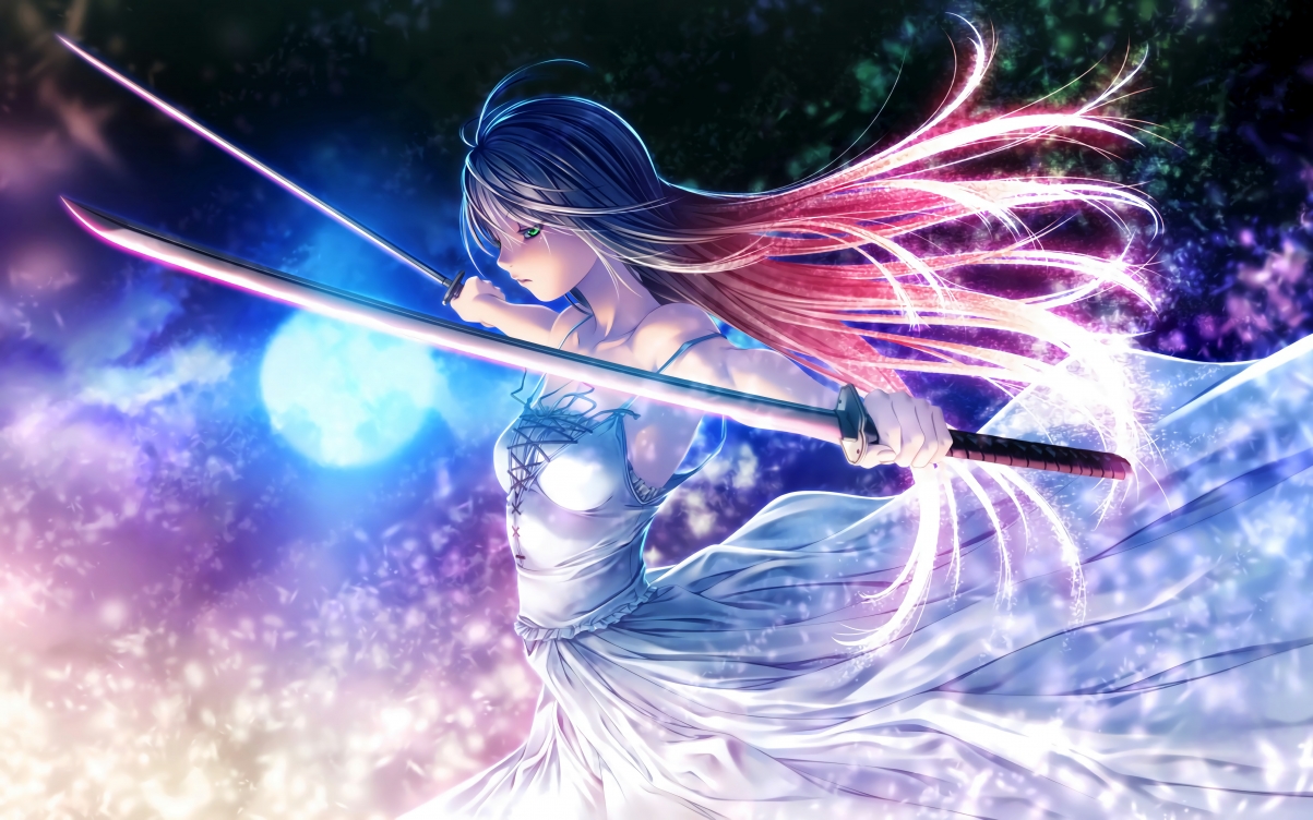 Two-dimensional long-haired girl with katana