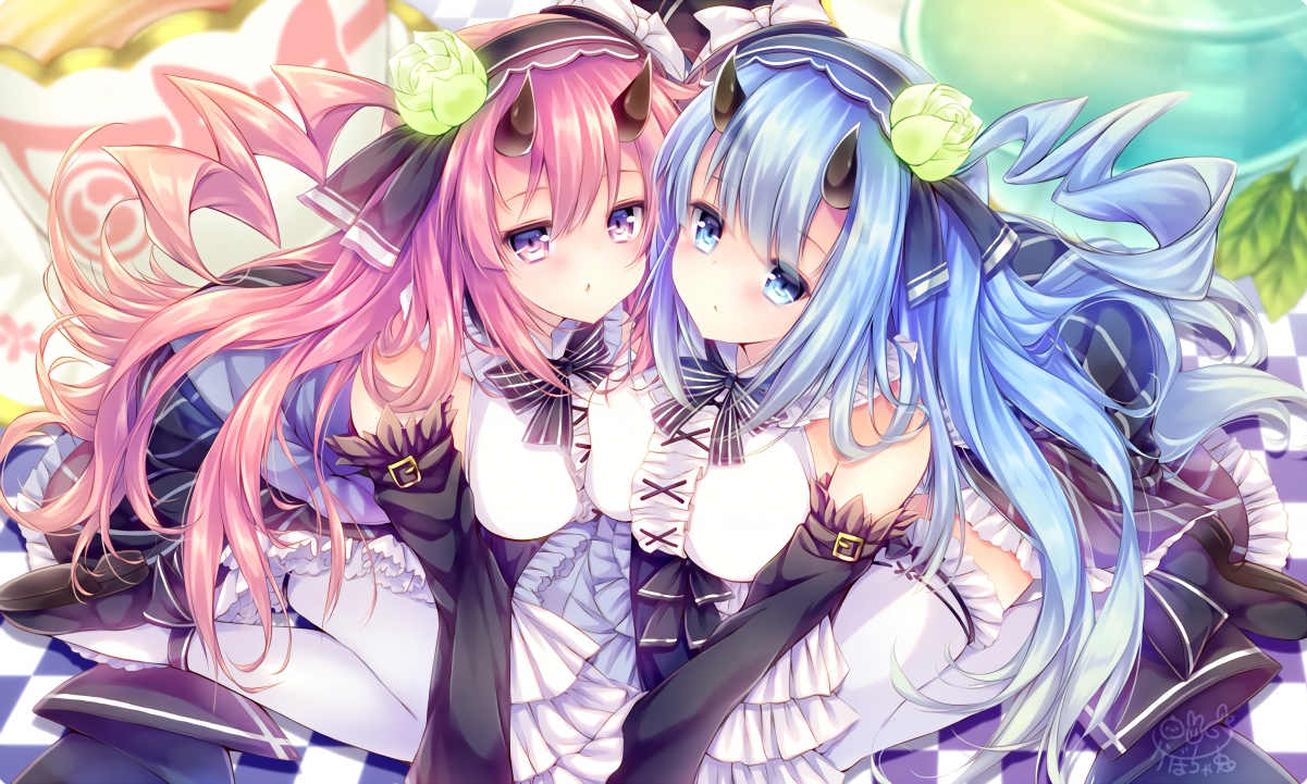 Devil horns beautiful girl sisters 4k anime