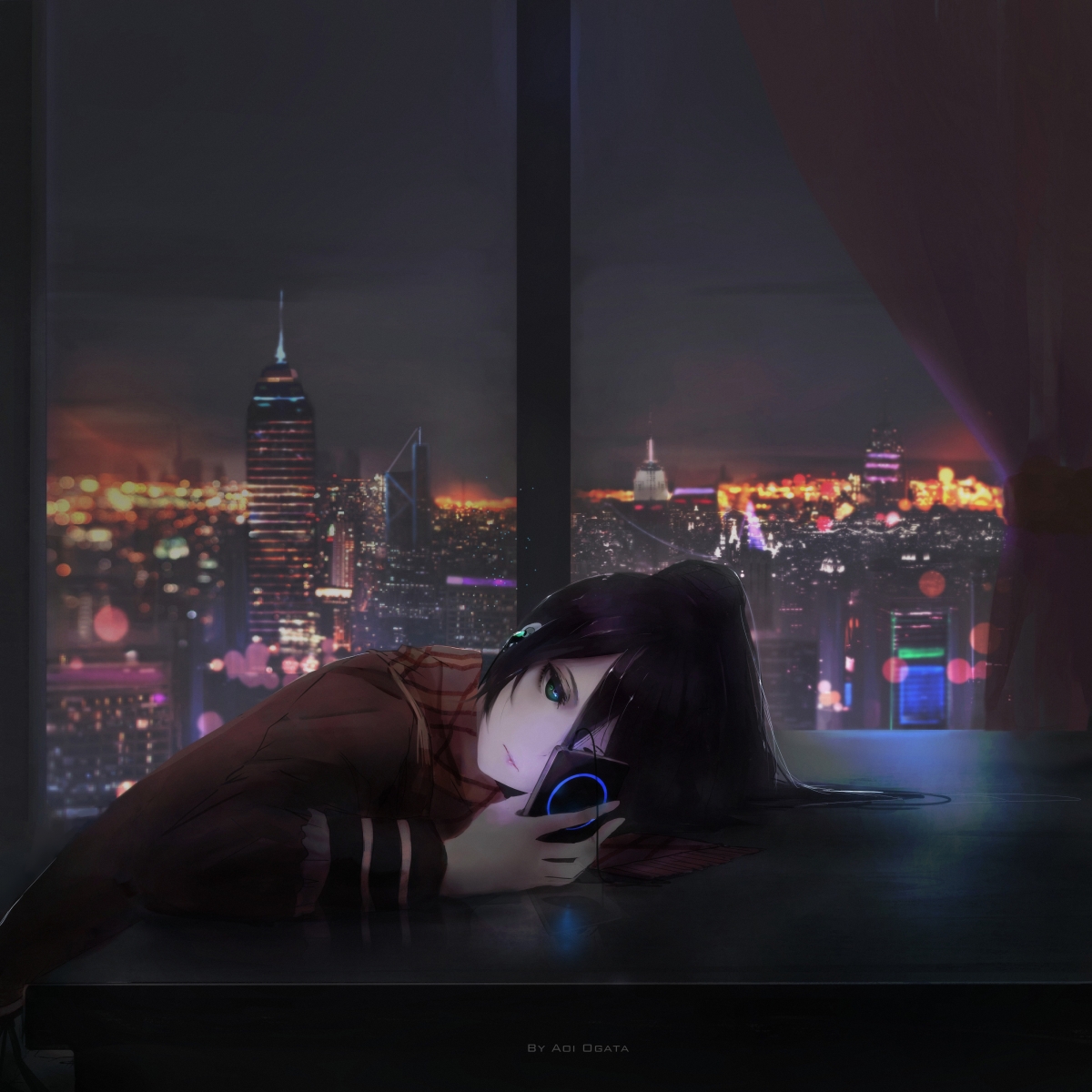 Urban landscape anime beauty lying