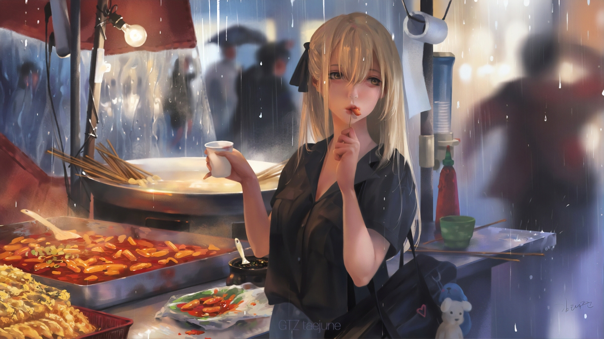 Anime girl street eating food 4K wall