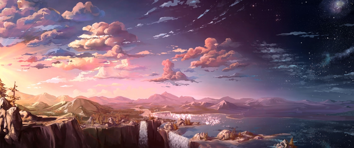 Anime landscape river waterfall 3440x1