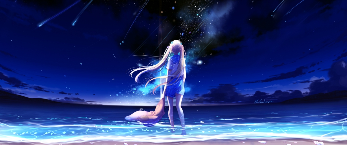 Sea starry sky girl 3440x14
