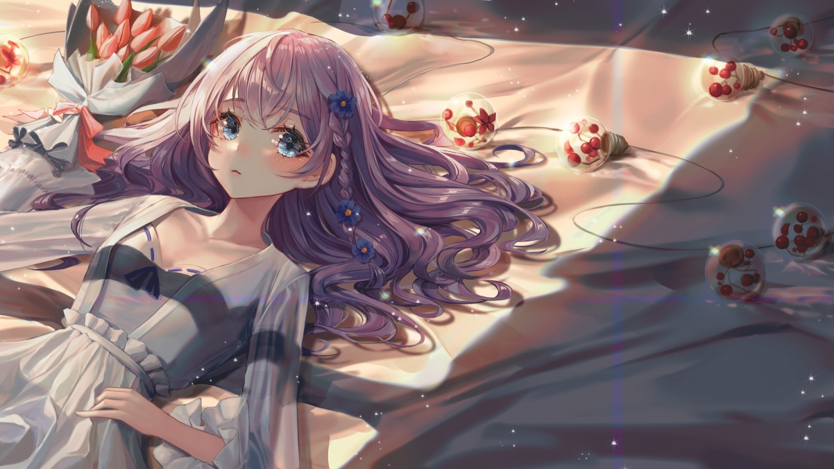 Cute girl with long hair in bed