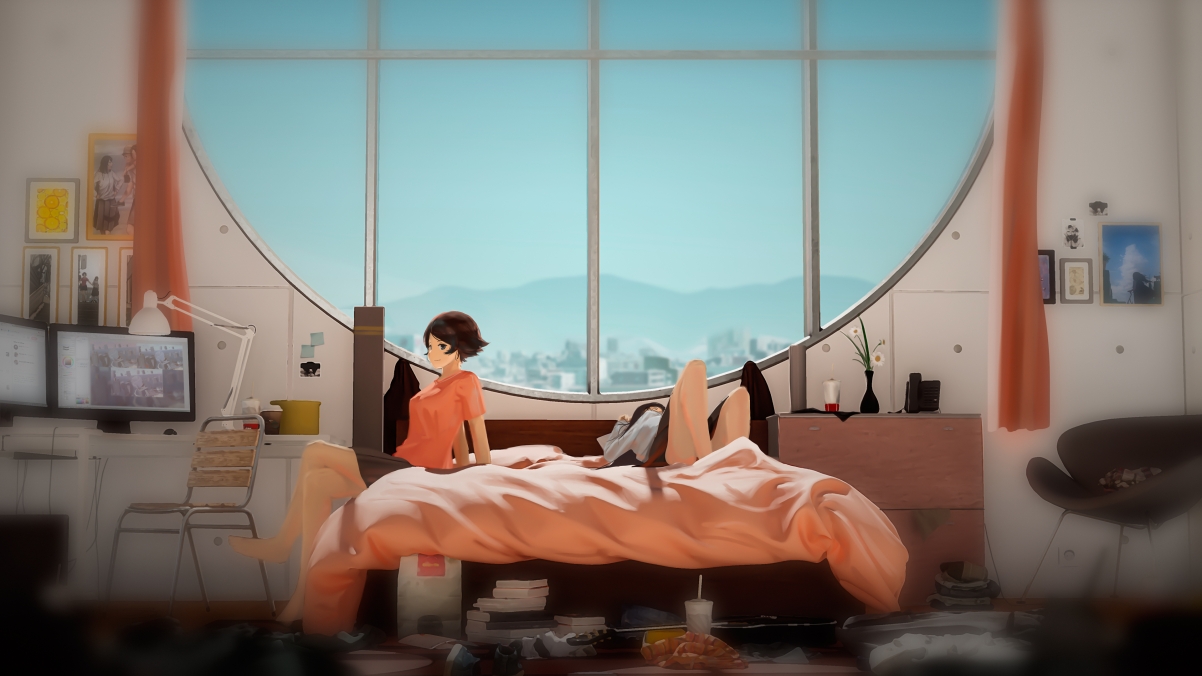 Bed girl window desk desk