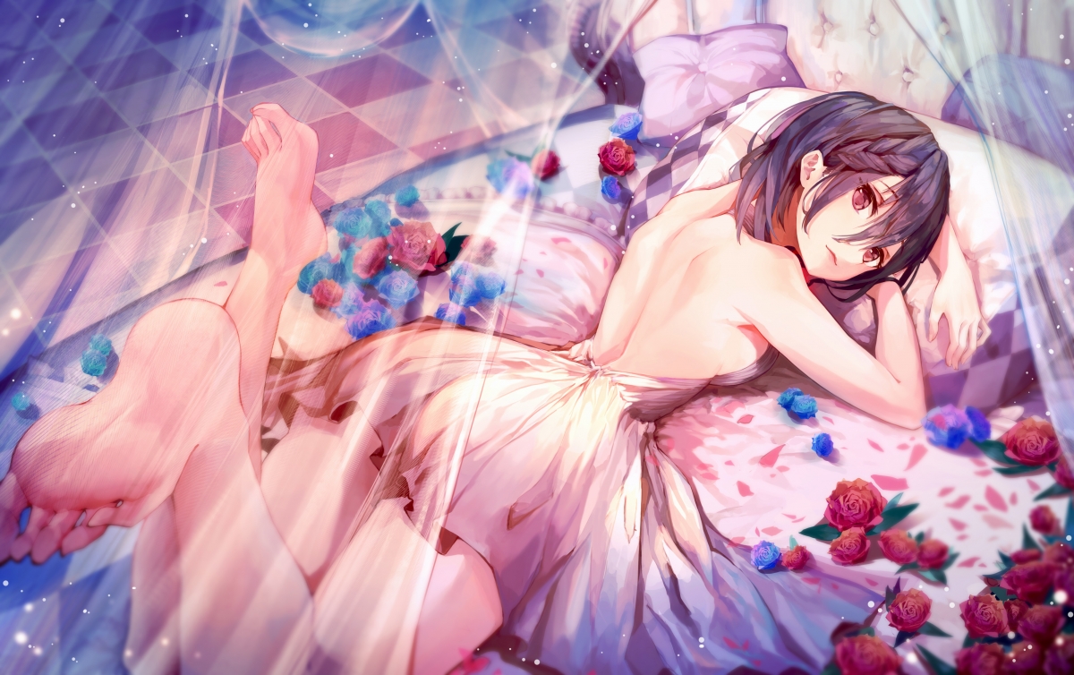 Bed anime beauty skirt barefoot