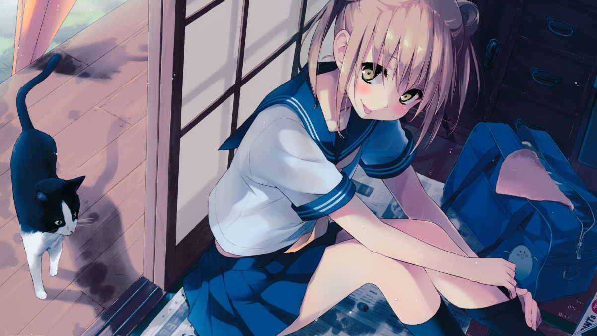 Cute girls in school uniforms, kittens, 4K