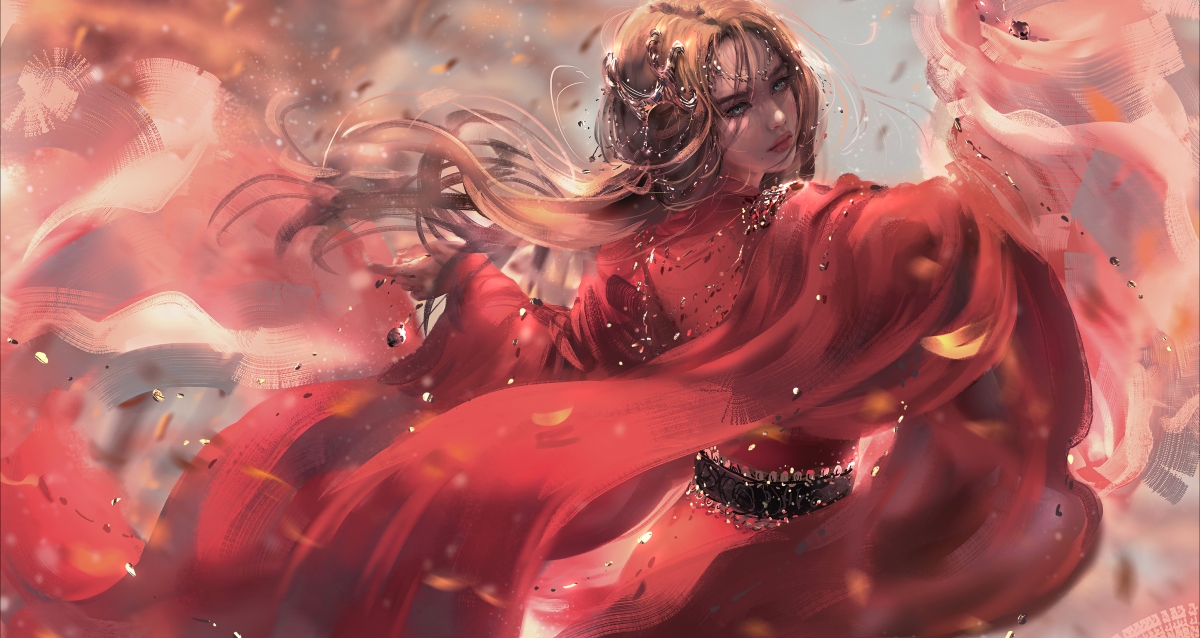 The girl in a red dress floats her long hair