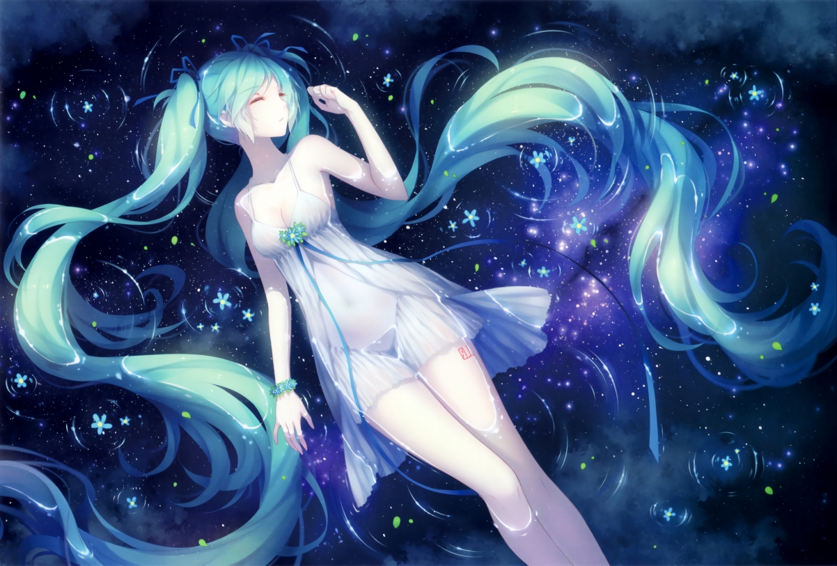 Hatsune Miku lying in the water, beautiful blue
