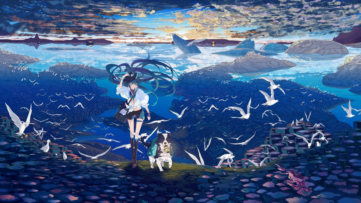 Hatsune miku, puppy, bird, seagull