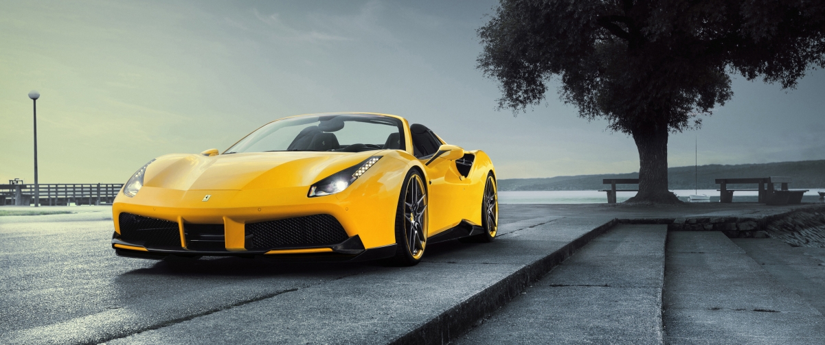 Ferrari 488 yellow sports car 3440x