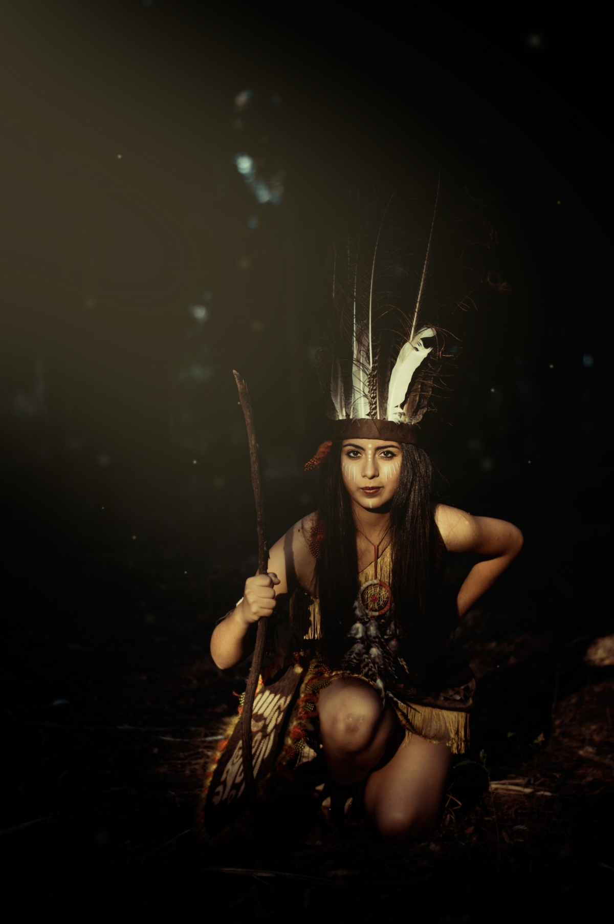 Night feather headdress wooden stick indian