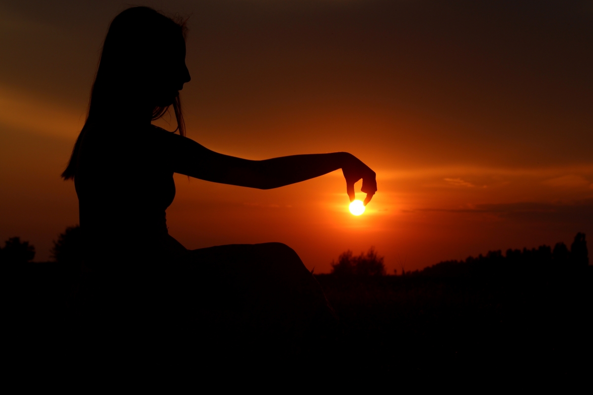 Sun shadow playing sunset girl
