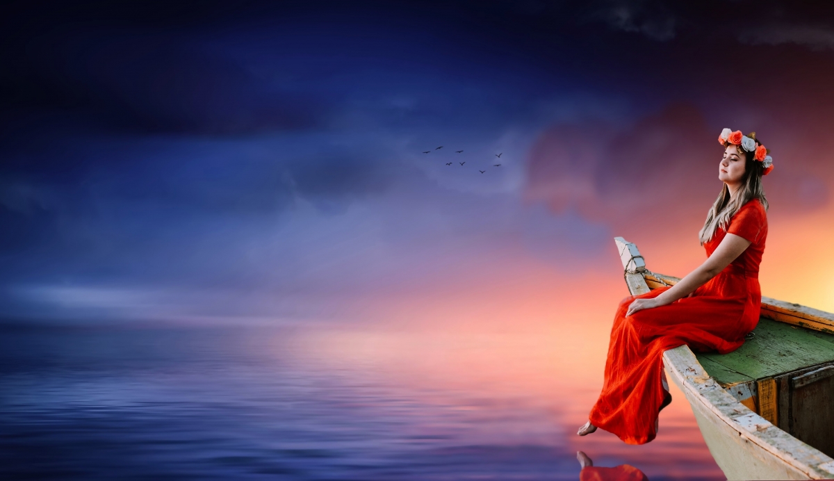 Woman girl thinking about sky boat