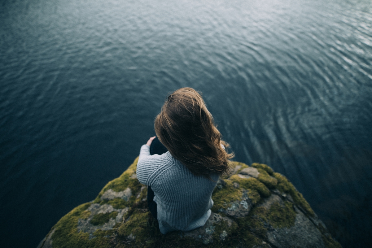 Girl sea rock landscape 4K