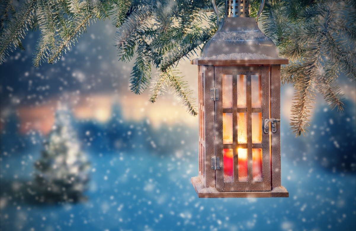 Snow, tree, lantern, christmas, decoration
