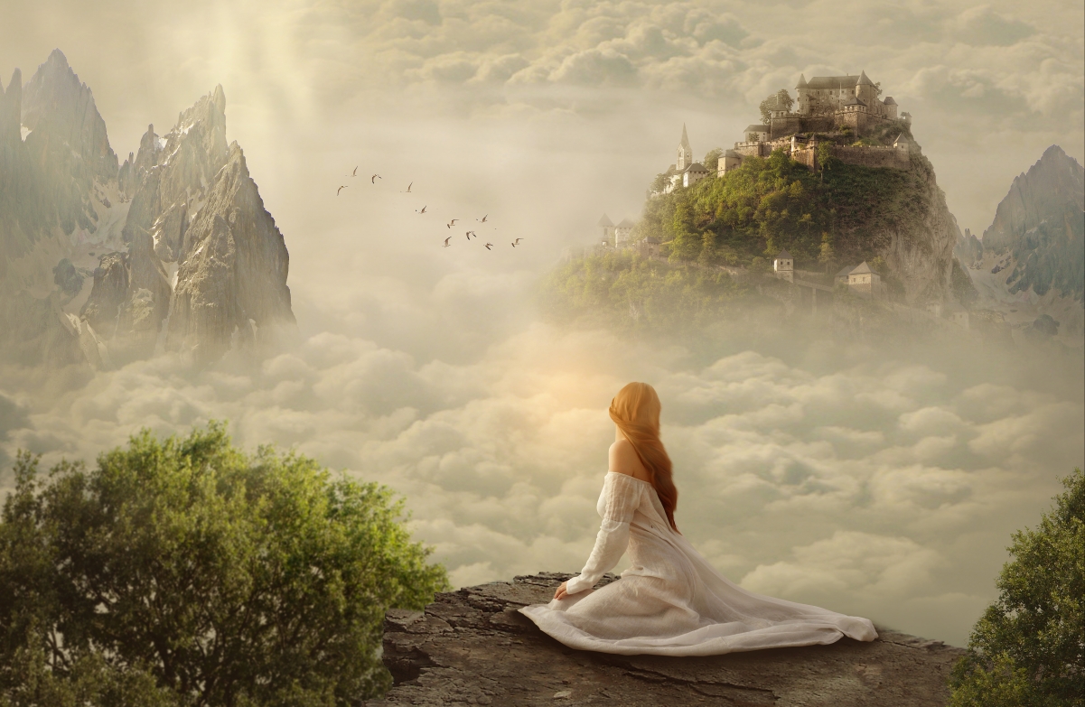 Dream, castle, girl, clouds, cliff