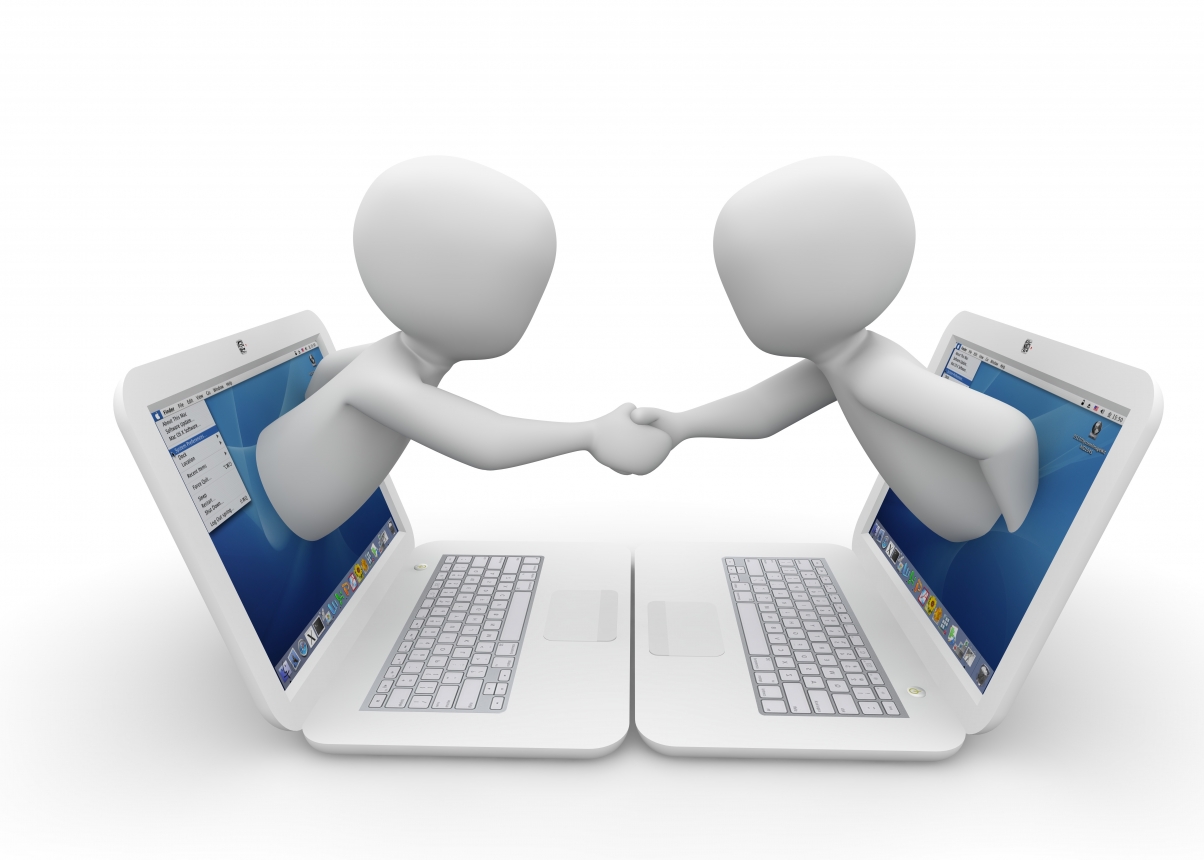 Two people shaking hands, 3d small people, computer
