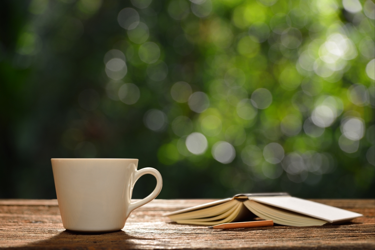 Coffee cup, book, morning, 6K background image